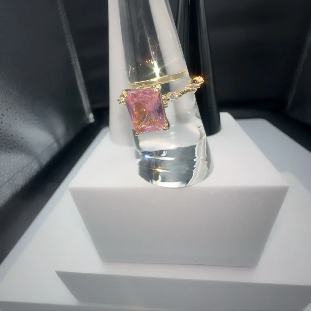 Princess Cut Pink CZ Gold Plated Ring Size 8 - Picture 3 of 16